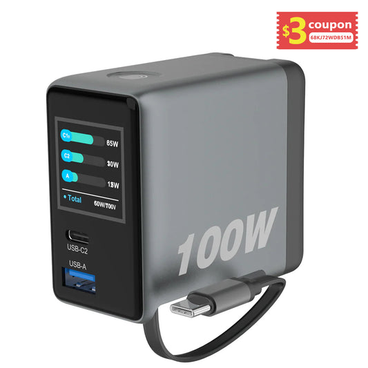 Retractable Portable Charger 100W Built-in Smart Display